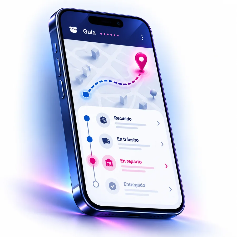 Aplicación de rastreo en un celular: mapa con la ruta del envío y sus estados Recibido, En tránsito, En reparto y Entregado